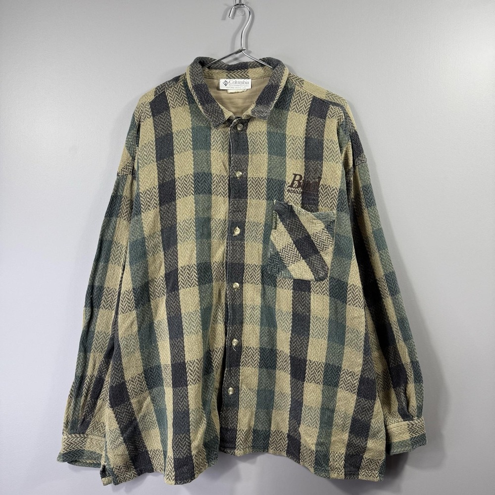Vintage Columbia Shirt Mens XXL Green Plaid Budweiser Beer Flannel Button Up